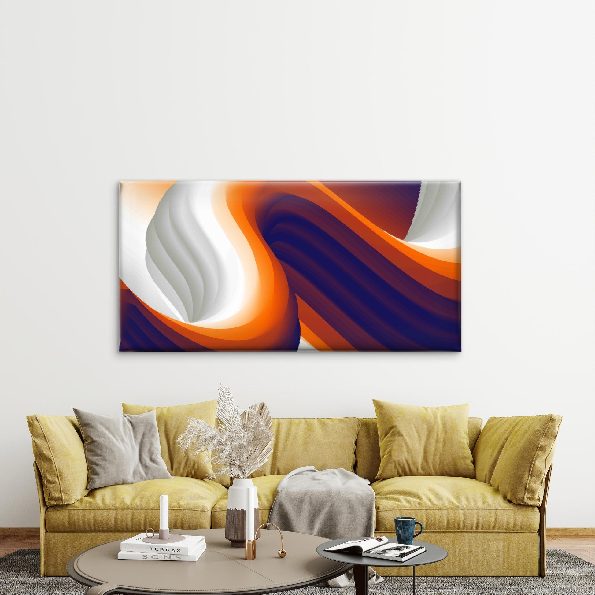Abstract Blue Orange Curved Lin Wall Art Canvas Office Home Room Framed 120x60cm - Bella Home Decor