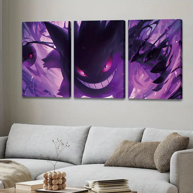 3pcs Pocket Elf & Gastly Pet Fight Anime Wall Art Set Canvas Framed 40x60cm - High Quality Print 100% Australian Made Wall Canvas Ready to Hang