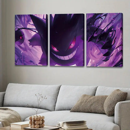 3pcs Pocket Elf & Gastly Pet Fight Anime Wall Art Set Canvas Framed 40x60cm - High Quality Print 100% Australian Made Wall Canvas Ready to Hang
