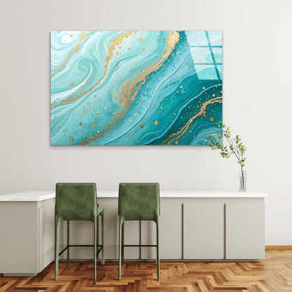 Turquoise Gold Abstract Tempered Glass Printing Wall Art Australian Made Quality