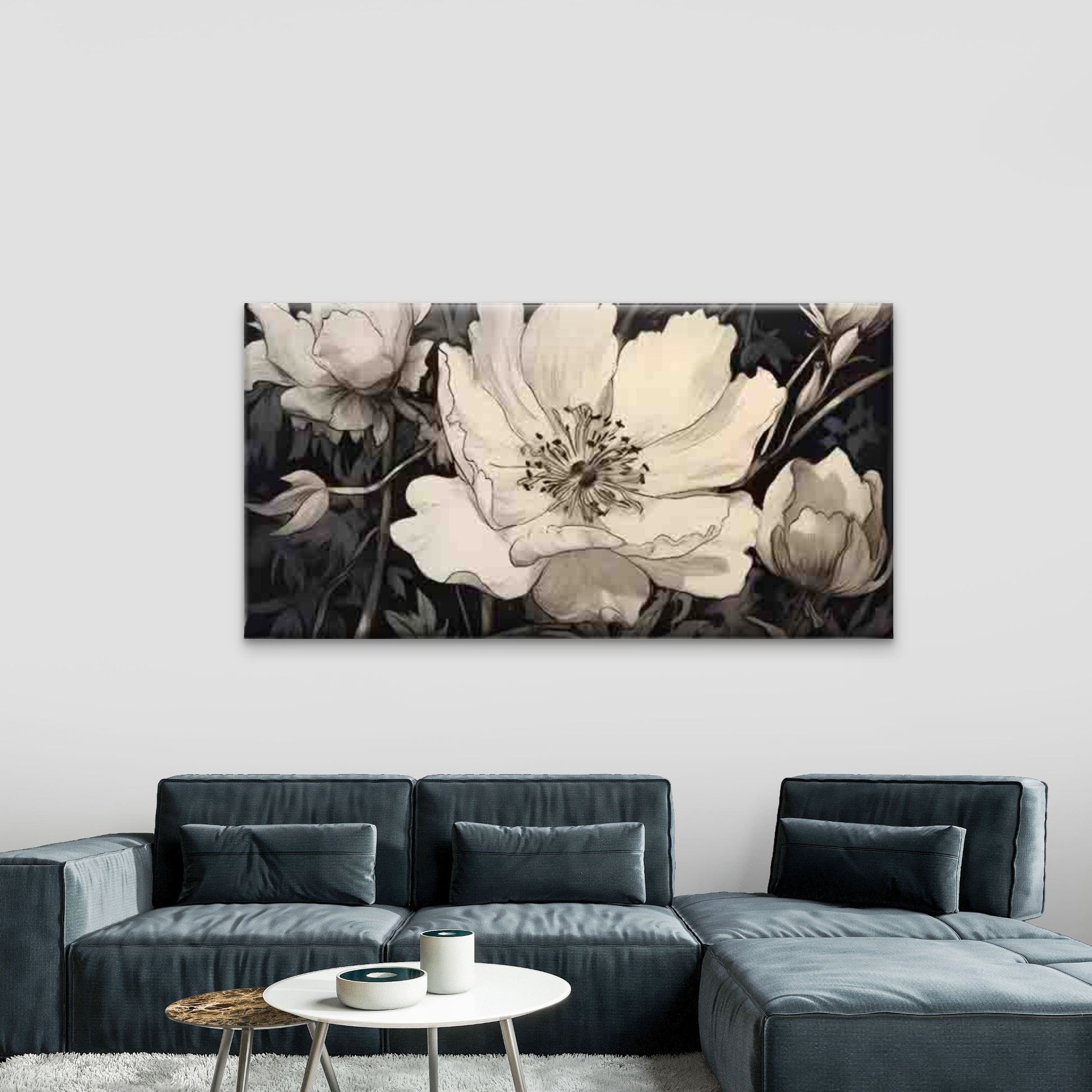 Black And White Floral Wall Art Canvas Office Home Room Framed 120x60cm - Bella Home Decor