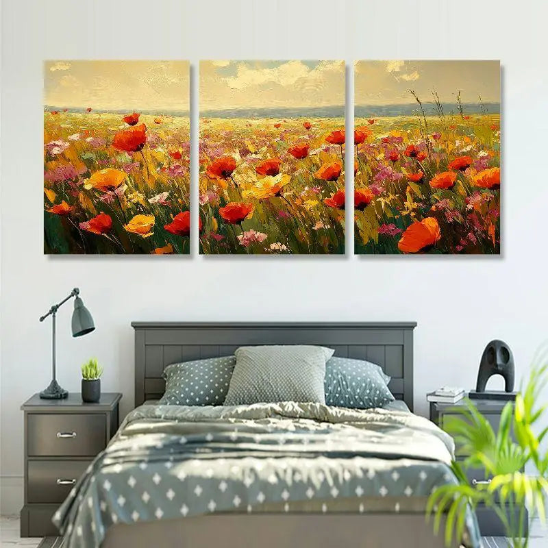 3pcs Elegant Poppy Field Triptych Metal Print Ready to Hang Art