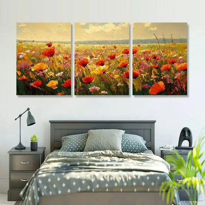 3pcs Elegant Poppy Field Triptych Metal Print Ready to Hang Art