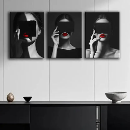 3pcs Modern Black and White Woman with Red Lipstick Design Metal Print Ready to Hang Art