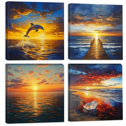 4pcs Dolphin Canvas Print Wall Painting, Pier Wall Art Canvas Framed