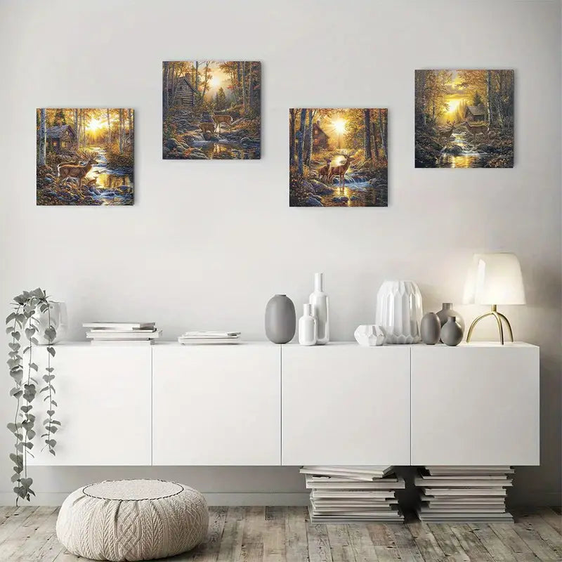 4pcs Deer In Autumn Forest Scene, Wall Art Canvas Framed