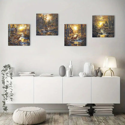4pcs Deer In Autumn Forest Scene, Wall Art Canvas Framed