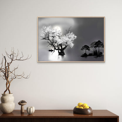 Black And White Lake Night Moon Sky Wall Art Decor 100% Australian Made