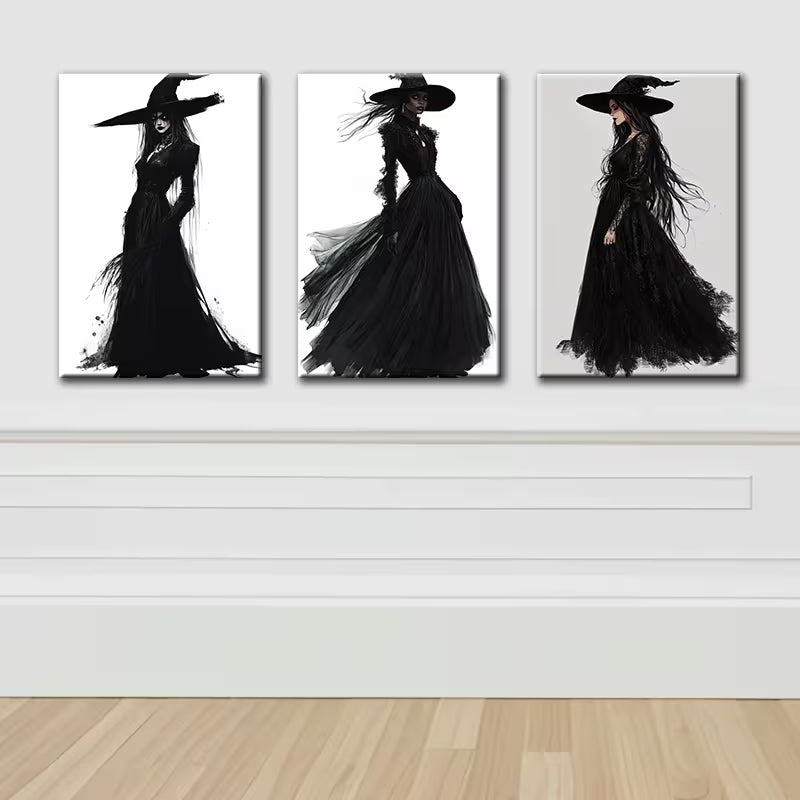 3pcs Elegant Black Witch Wall Art Set Canvas Framed 40x60cm - High Quality Print 100% Australian Made Wall Canvas Ready to Hang