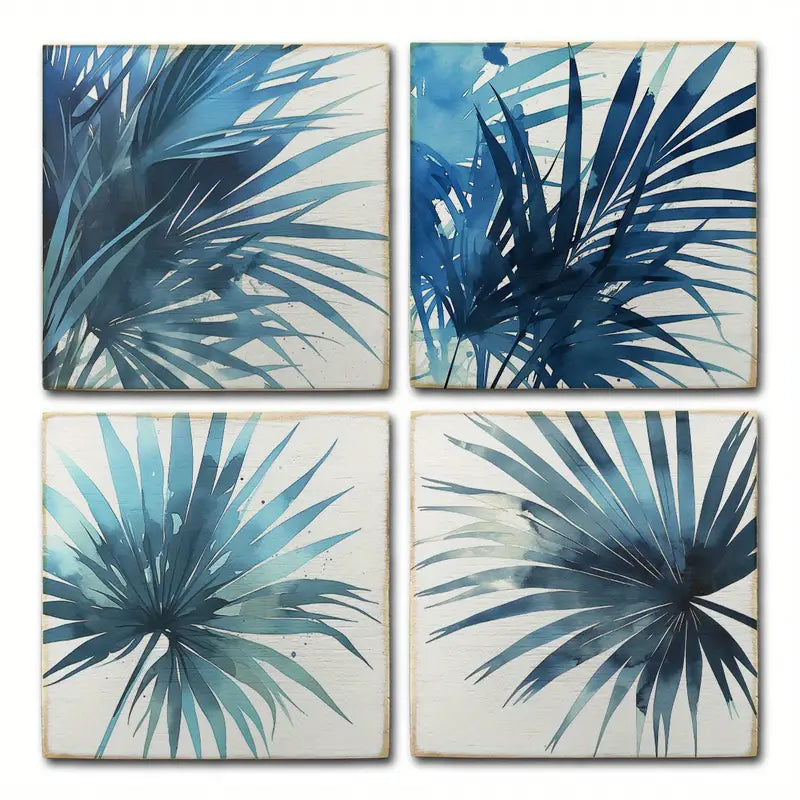 4pcs Blue Colour Plam Leaves Wall Art Canvas Framed - Bella Home Decor