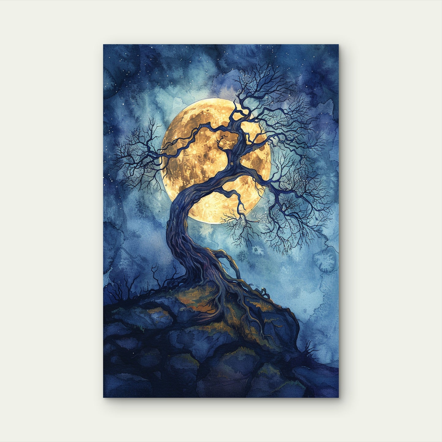 Gnarled Tree Full Moon Night Sky Blue Yellow Watercolor Fantasy Art 40x60cm Metal Print Ready to Hang