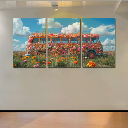 3pcs Vintage Bus Covered in Vibrant Flowers Wall Art Set Canvas Framed 60x90cm - High Quality Print 100% Australian Made Wall Canvas Ready to Hang