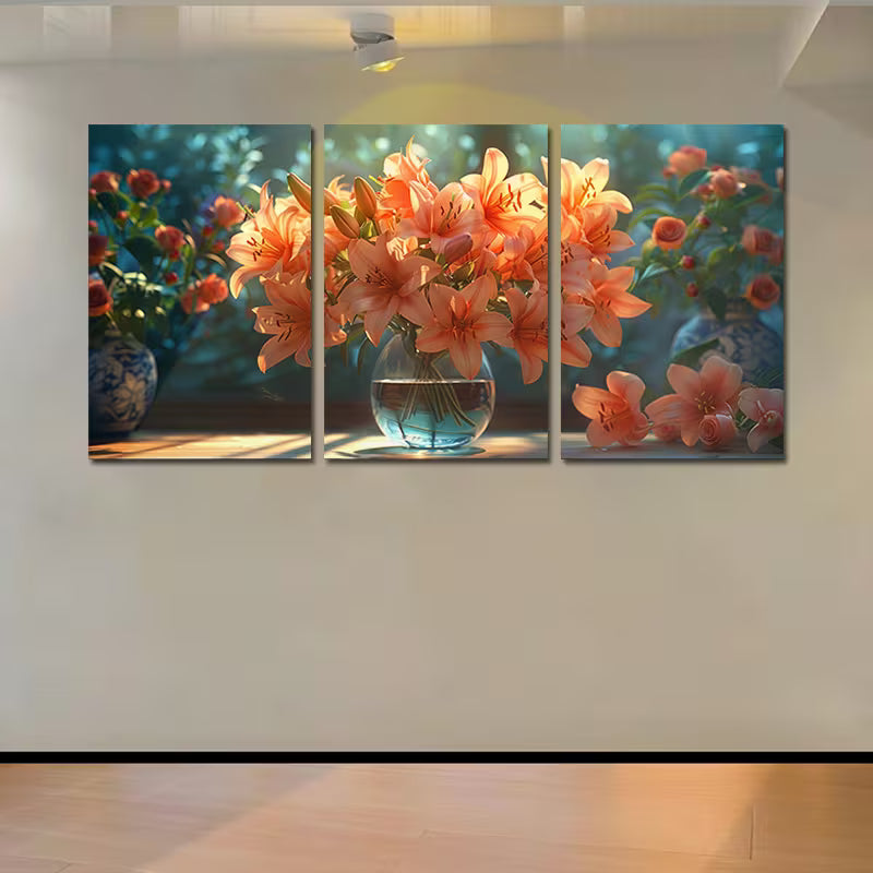 3pcs Lush Green Foliage & Blooming Flowers Wall Art Set Canvas Framed 60x90cm - High Quality Print 100% Australian Made Wall Canvas Ready to Hang