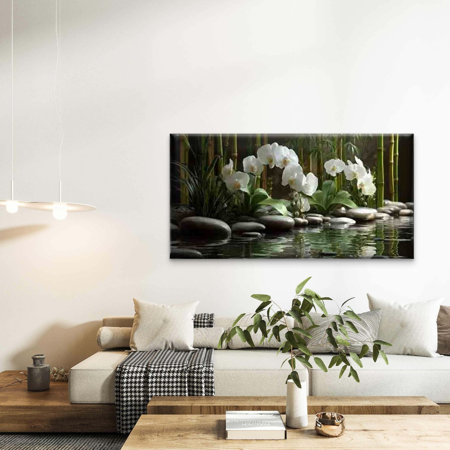 Bamboo Pond with White Orchids Wall Art Canvas Office Home Room Framed 120x60cm - Bella Home Decor