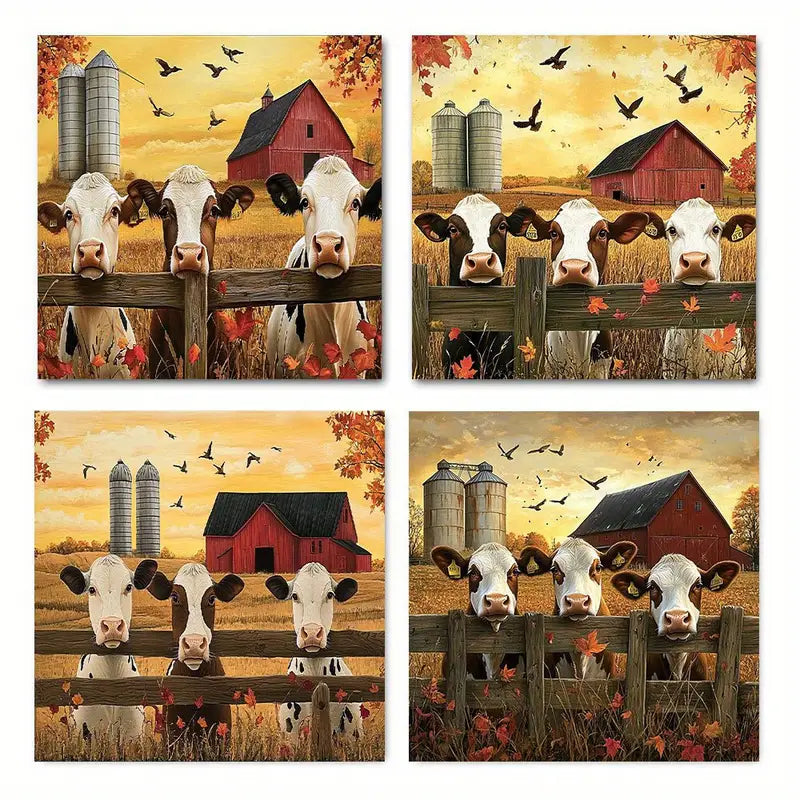 4pcs  Cute Cows Peeking Through CPT  Wall Art Canvas Framed