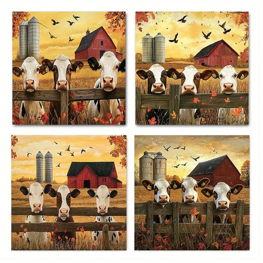 4pcs  Cute Cows Peeking Through CPT  Wall Art Canvas Framed