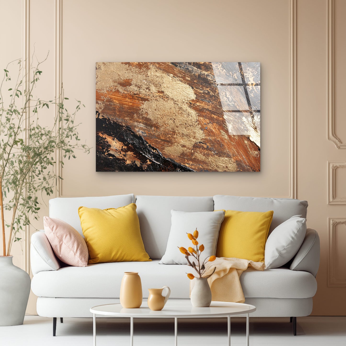 Brown Gold Abstract Metallic Glass Printing Wall Art Australian Made Quality