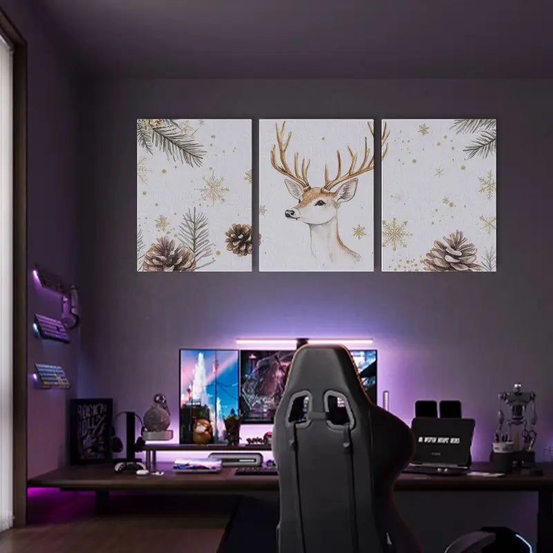 3pcs Golden Antlers & Pine Cones Simple Design Metal Print Ready to Hang Art