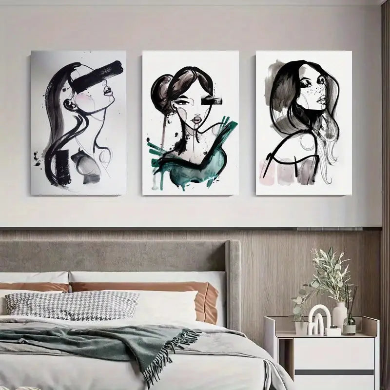 3pcs Black And White Woman Portrait,Metal Print Ready to Hang Art - Bella Home Decor