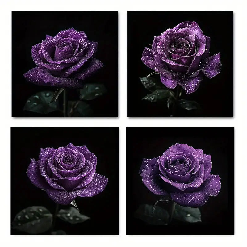 4pcs  Purple Flower Dew Decorative  fy    Wall Art Canvas Framed