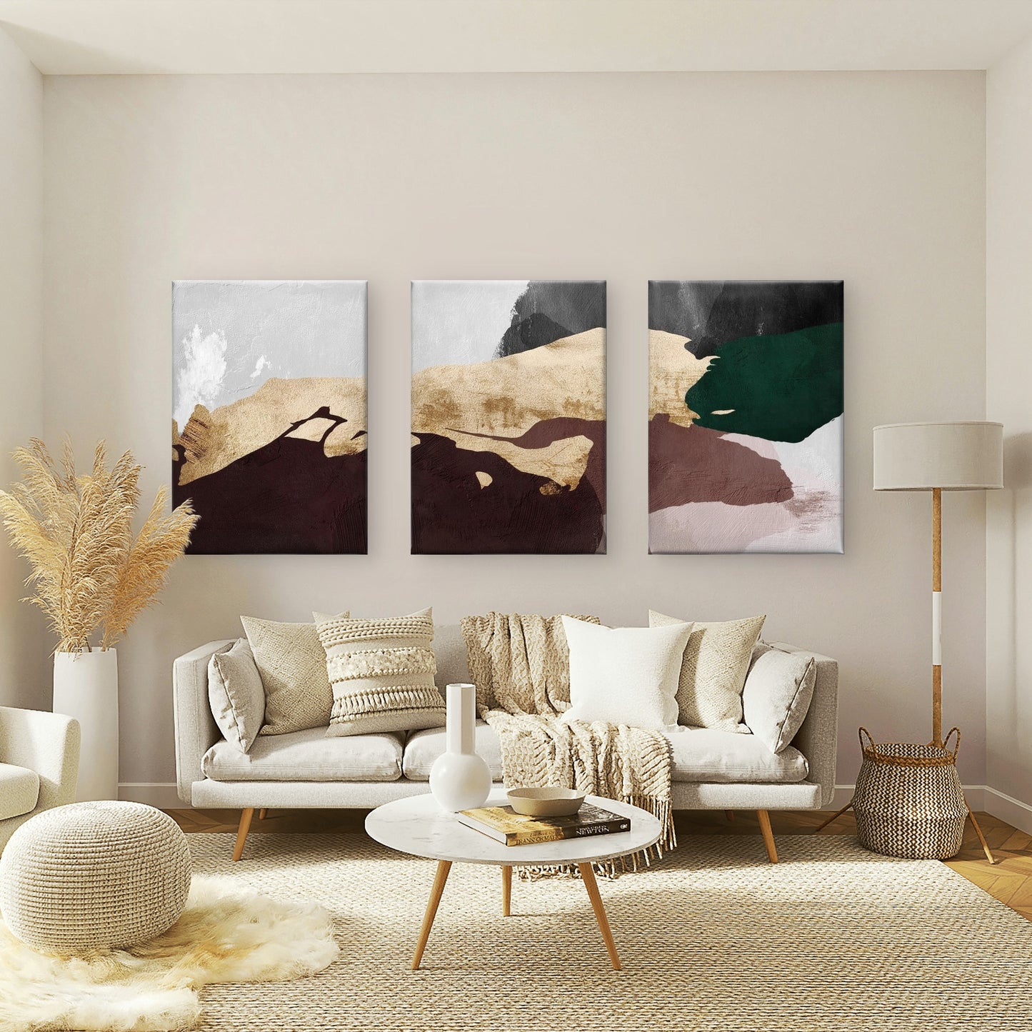 3pcs Abstract Earthy Brown Green Gold Foil Block Wall Art Set Canvas Framed 40x60cm - High Quality Print 100% Australian Made Wall Canvas Ready to Hang