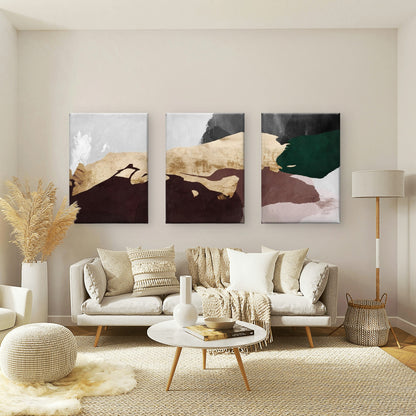 3pcs Abstract Earthy Brown Green Gold Foil Block Wall Art Set Canvas Framed 50x70cm - High Quality Print 100% Australian Made Wall Canvas Ready to Hang