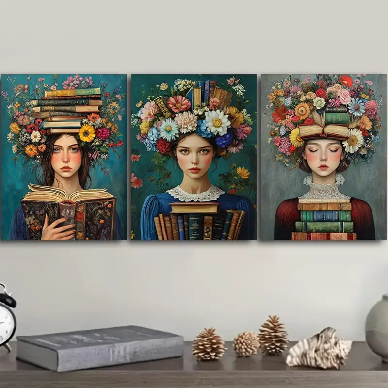 3pcs Floral & Book Design Metal Print Ready to Hang Art