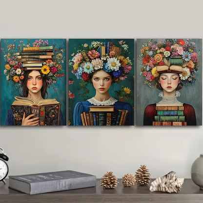 3pcs Floral & Book Design Metal Print Ready to Hang Art