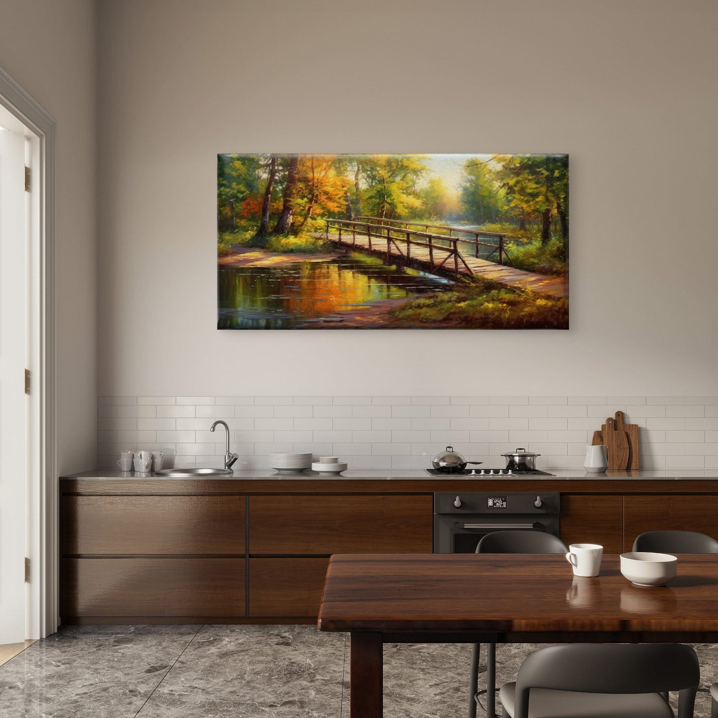 Autumn Wooden Bridge Forest River Wall Art Canvas Office Home Framed 120x60cm