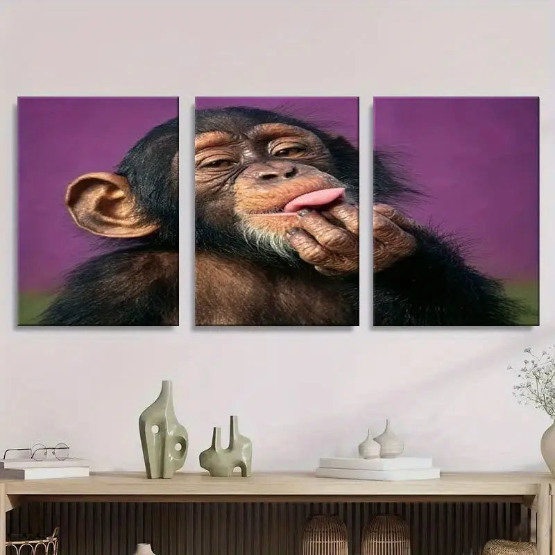 3pcs A Cute Little Chimpanzee Licking Its Hands Metal Print Ready to Hang Art - Bella Home Decor