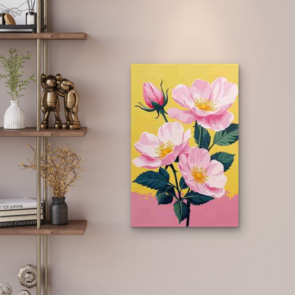 Pink Rose on Yellow Background Retro 60x90cm Metal Print Ready to Hang