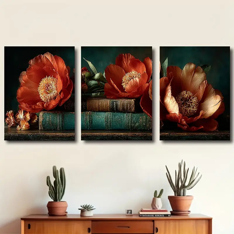 3pcs Coral Peonies Resting On Old Books,Metal Print Ready to Hang Art - Bella Home Decor