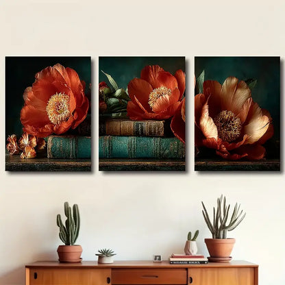 3pcs Coral Peonies Resting On Old Books,Metal Print Ready to Hang Art - Bella Home Decor