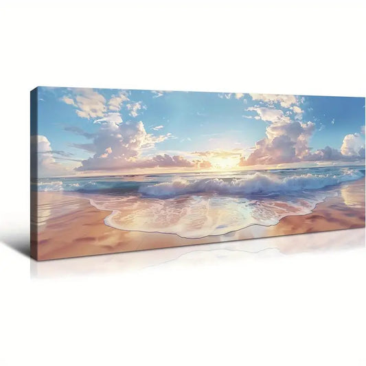 Beach Ocean Blue Waves Sunset Wall Art canvas office home room framed 120x60cm - Bella Home Decor