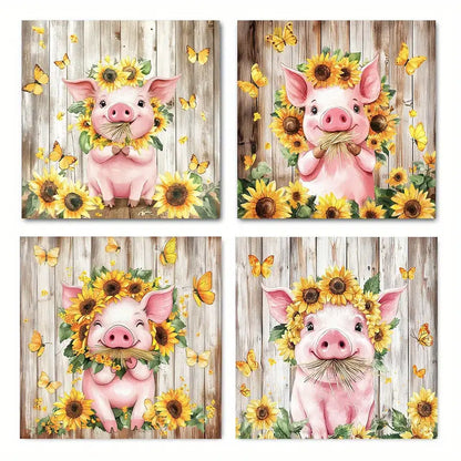 4pcs Funny Farmhouse Pig And Dais Wall Art Canvas Framed