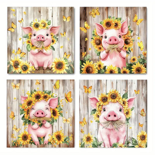4pcs Funny Farmhouse Pig And Dais Wall Art Canvas Framed