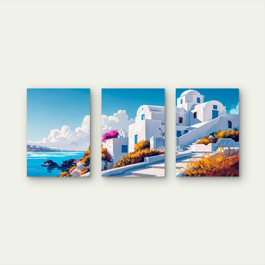 3pcs Greece Santorini Coastal White Architecture Wall Art Set Canvas Framed 60x90cm - High Quality Print 100% Australian Made Wall Canvas Ready to Hang