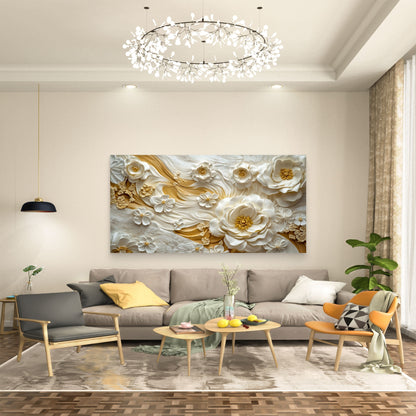Creamy Golden Floral Cascade Wall Art Canvas Office Home Room Framed 120x60cm