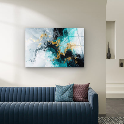 Abstract Teal Gold Black Glass Printing Wall Art Australian Made Quality