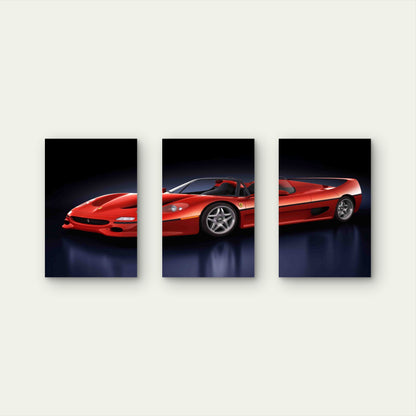 3pcs Red Retro Convertible Supercar Metal Print Ready to Hang Art