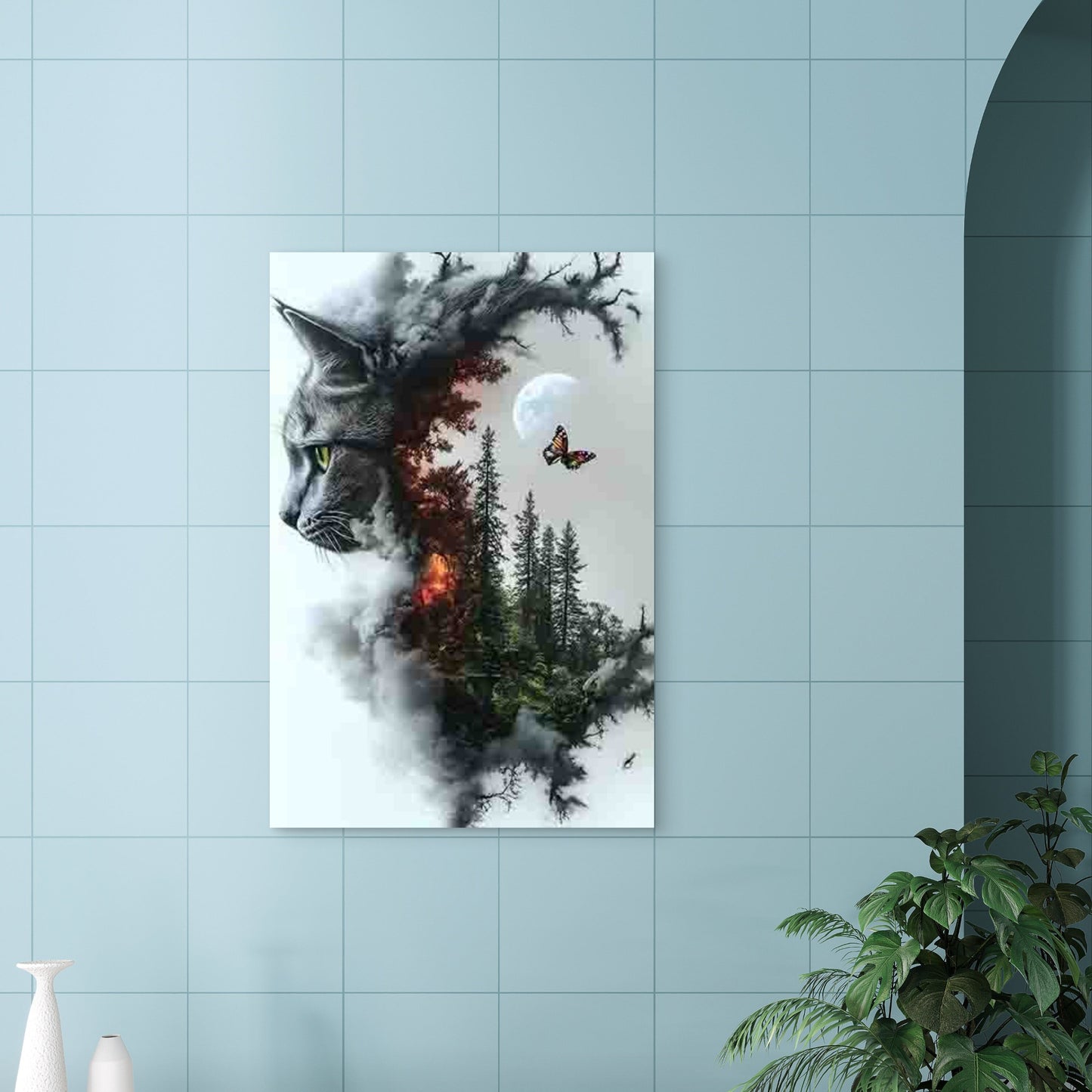 Cat and Forest Fusion Art with Butterflies 40x60cm Metal Print Ready to Hang - Bella Home Decor