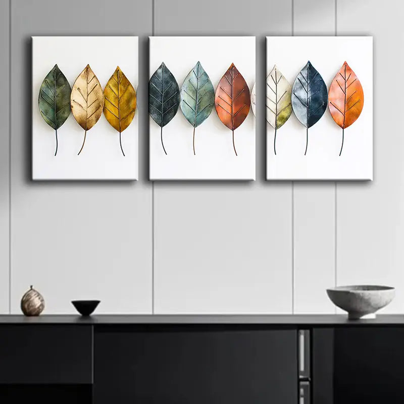 3pcs Metal Leaf Canvas Mural Set Metal Print Ready to Hang Art