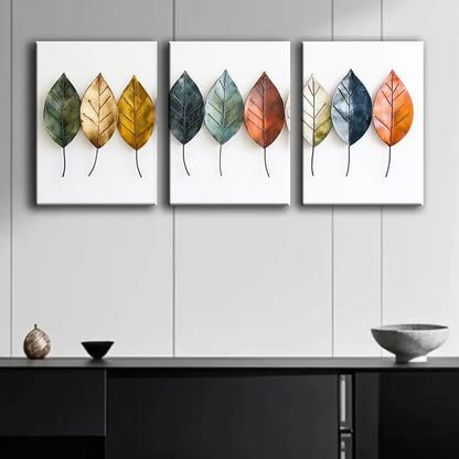 3pcs Metal Leaf Canvas Mural Set Metal Print Ready to Hang Art