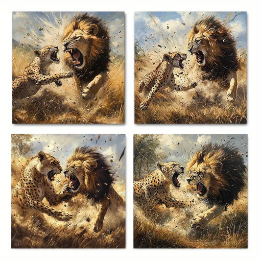 4pcs African Steppe Lions &Hyenas In Dynamic Wall Art Canvas Framed