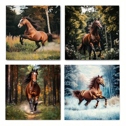 4pcs Run Horse In The Forest Wall Art Canvas Framed
