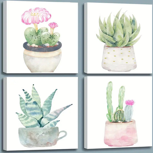 4pcs Green Cactus Pictures  Wall Art Canvas Framed