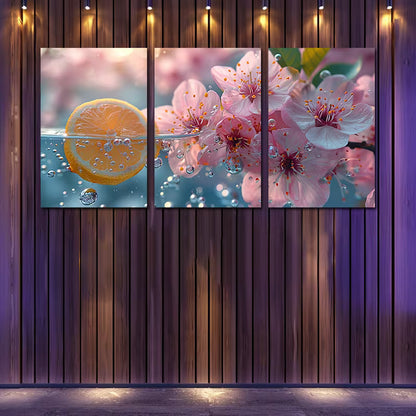 3pcs lemon in water with Pink Florals Wall Art Set Canvas Framed 50x70cm - High Quality Print 100% Australian Made Wall Canvas Ready to Hang