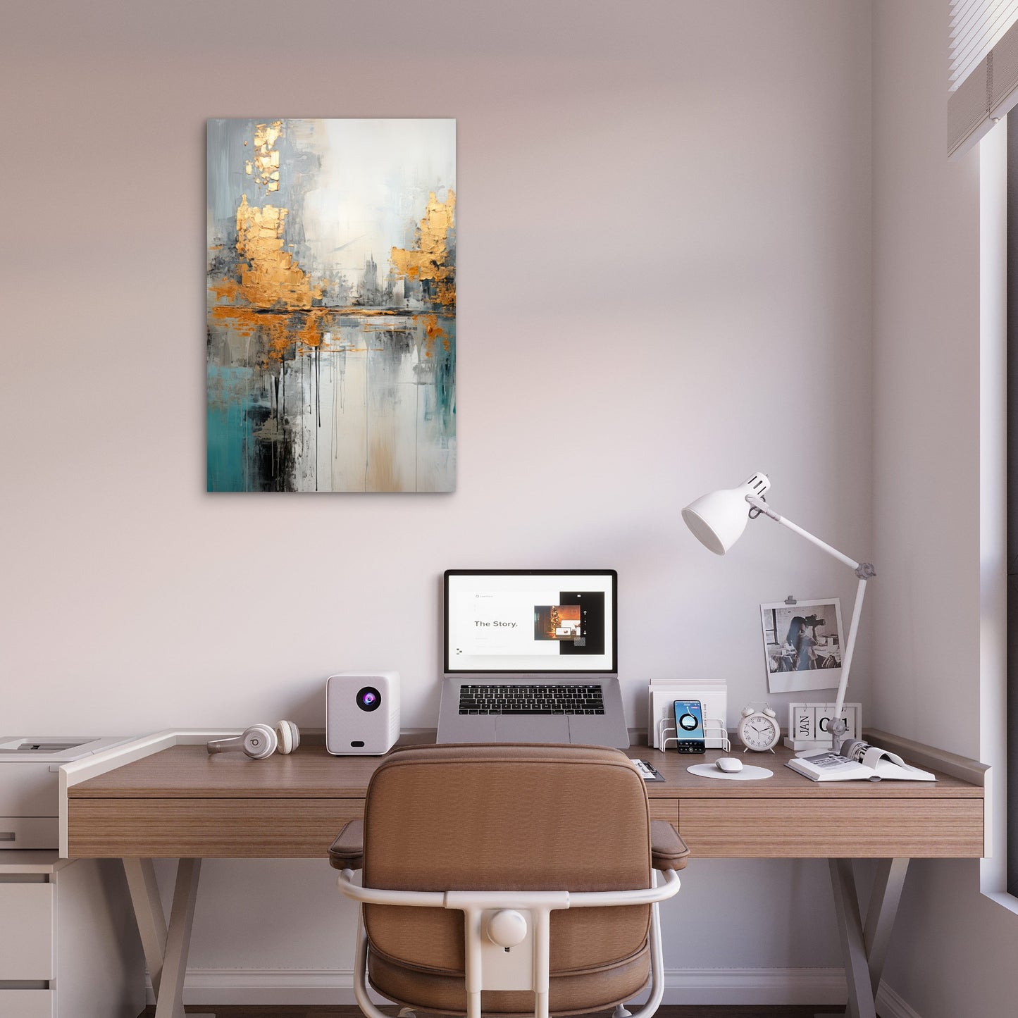 Teal Grey Gold Foil Abstract Oil Art 40x60cm Metal Print Ready to Hang