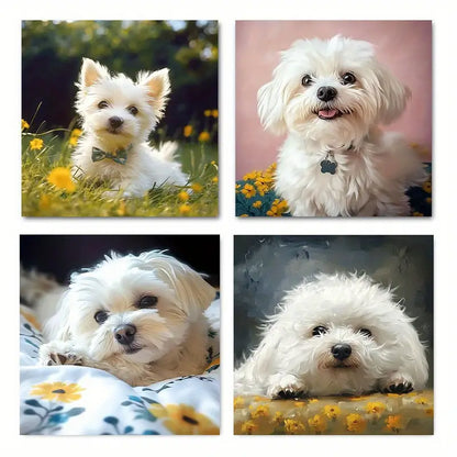 4pcs Playful White Puppies In Floral Meadow Wall Art Canvas Framed