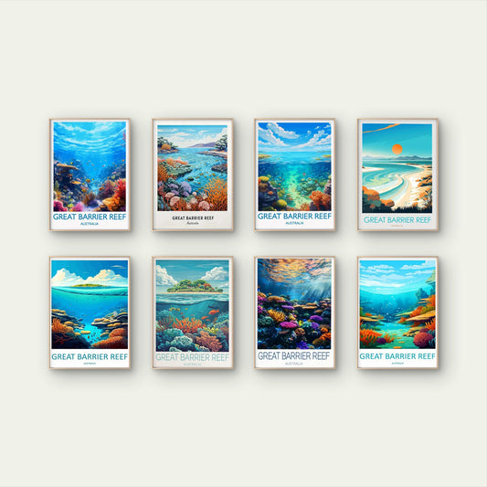 8pcs Great Barrier Reef, Queensland, Australia Travel Poster Print Wall Art